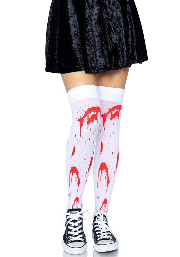 Leg Avenue Rhea Zombie Thigh-High Stockings in White and Red