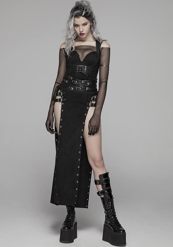 Punk Style High Waist Split Skirt with Leather Loop and Metal Buckle