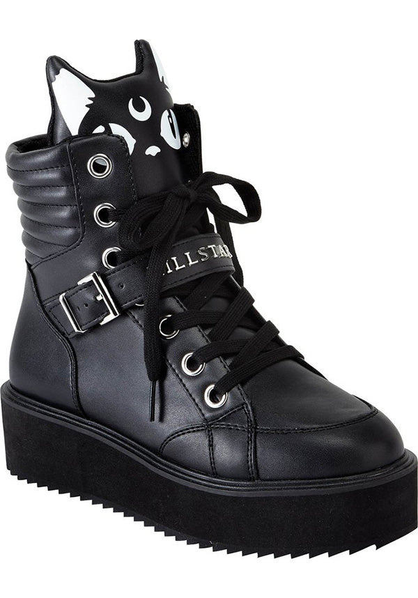 All - Black Luxe Faux Leather Keiko Kitty High Tops with Kitty Tongue
