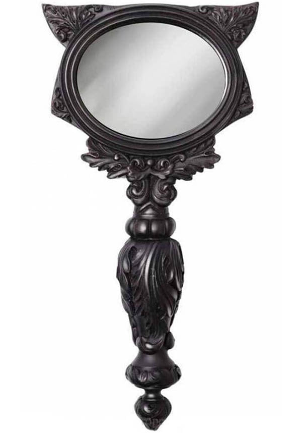 Black Handheld Cast Resin Sacred Cat Design Hand Mirror