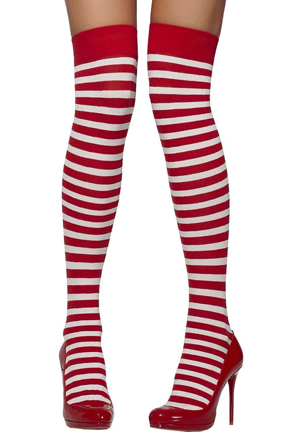 Stylish Red and White Striped Opaque Hold - Ups Stockings