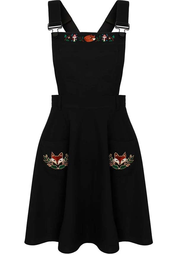 Hell Bunny Basil Black Mini Pinafore Dress with Whimsical Woodland and Fox Embroidery