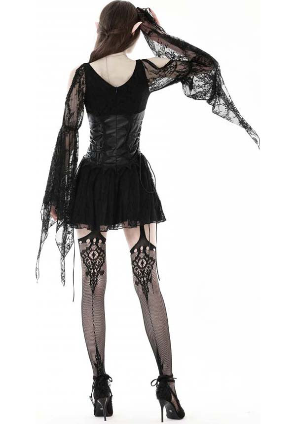 Exquisite Azrael Sheer Lace Dress with Bell Sleeves and Cold Shoulder Design