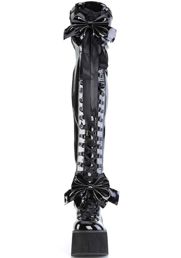 D-Ring Lace-Up Black Patent Platform Thigh High Boots [PREORDER]
