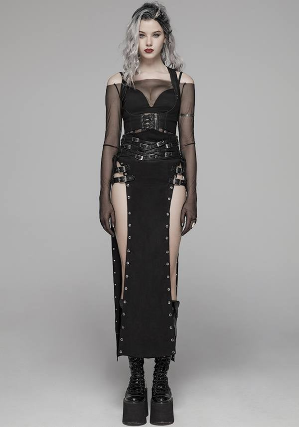 Punk Style High Waist Split Skirt with Leather Loop and Metal Buckle