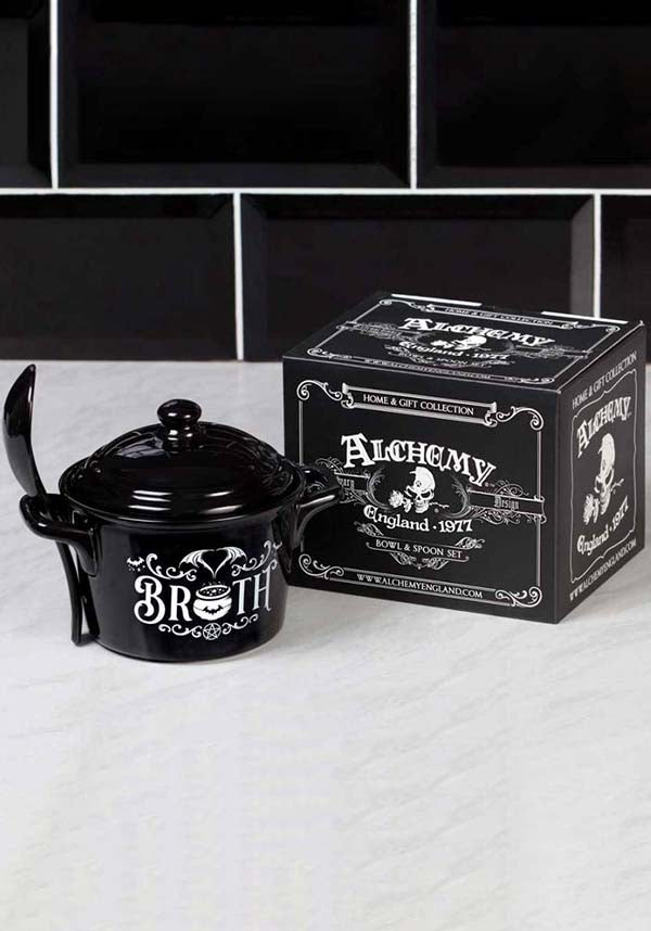 Alchemy Gothic Bat Themed Bone China Lidded Bowl and Spoon Set for Soup, Broth, Cereal and Snacks