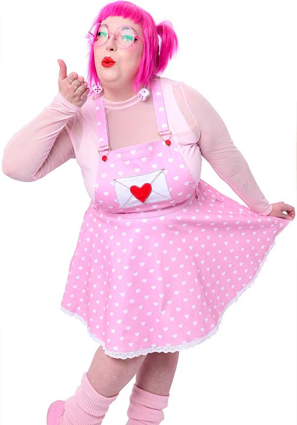 Romantic Heart Print Stretch Twill Pinafore Dress for Casual Outings