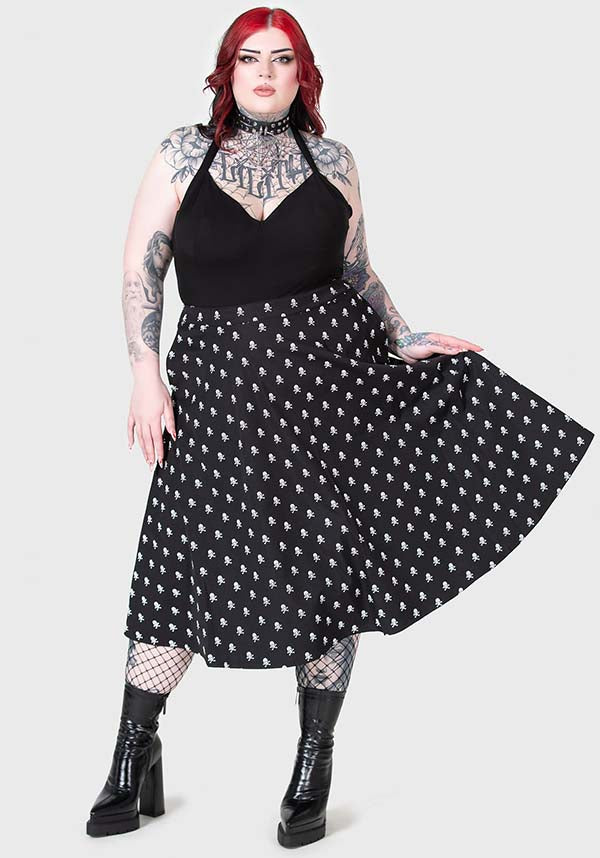 Lay Dead MIDI Skirt with Striking Skull Print