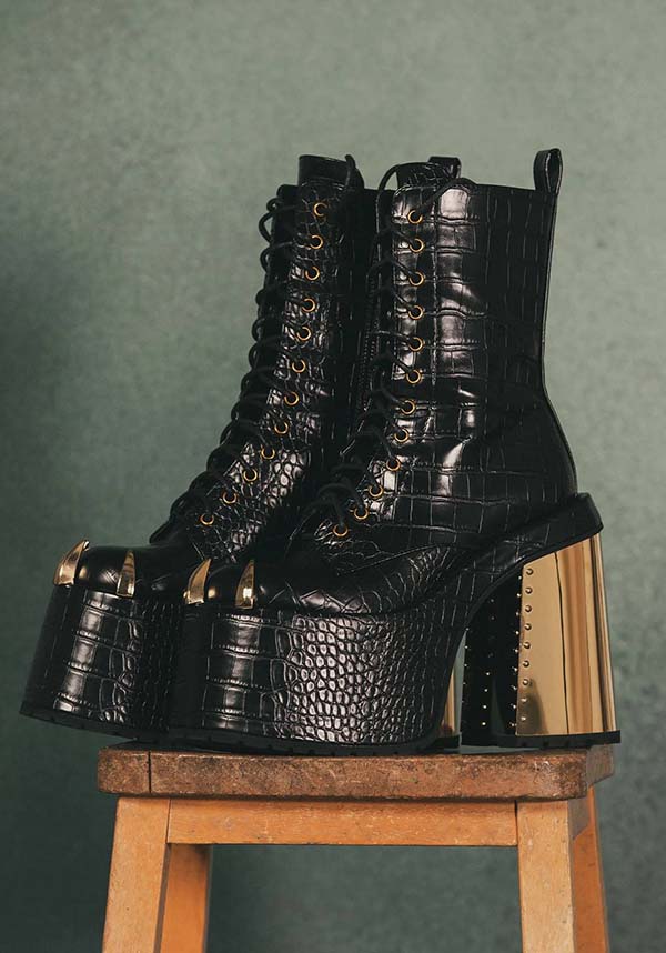 Repetilia Faux Leather Snake Skin Look Boots with Gold Accents