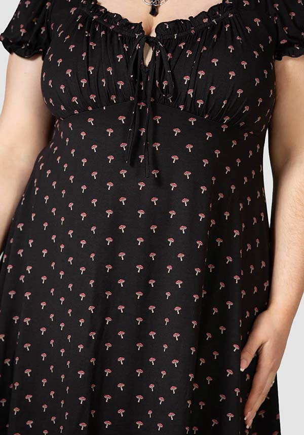Poisonpie Mini Dress with Mushroom Print and Adjustable Neckline