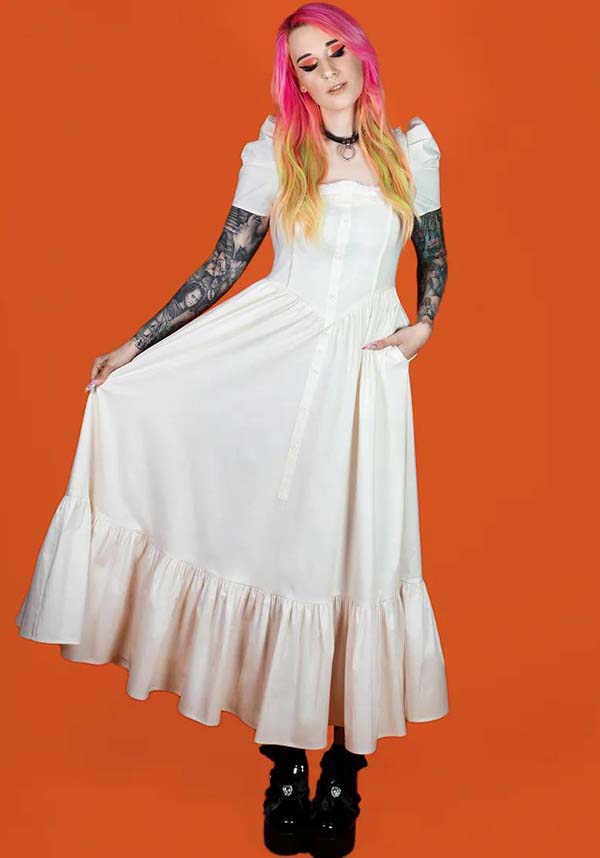 Elegant Ivory Gothic Dress by Lively Ghosts with Lace Details