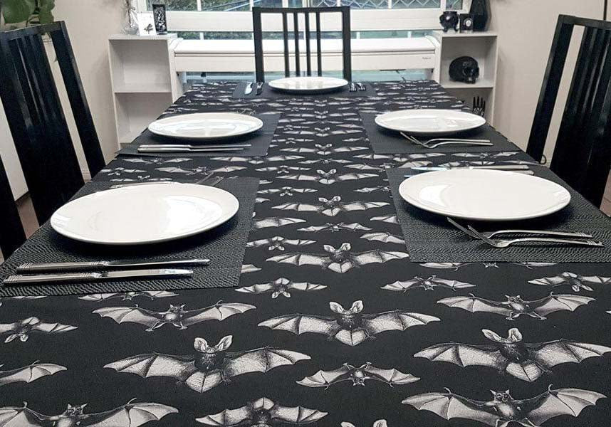 Midnight Flight Charcoal Black Polyester Table Cloth with Grey Realistic Bats