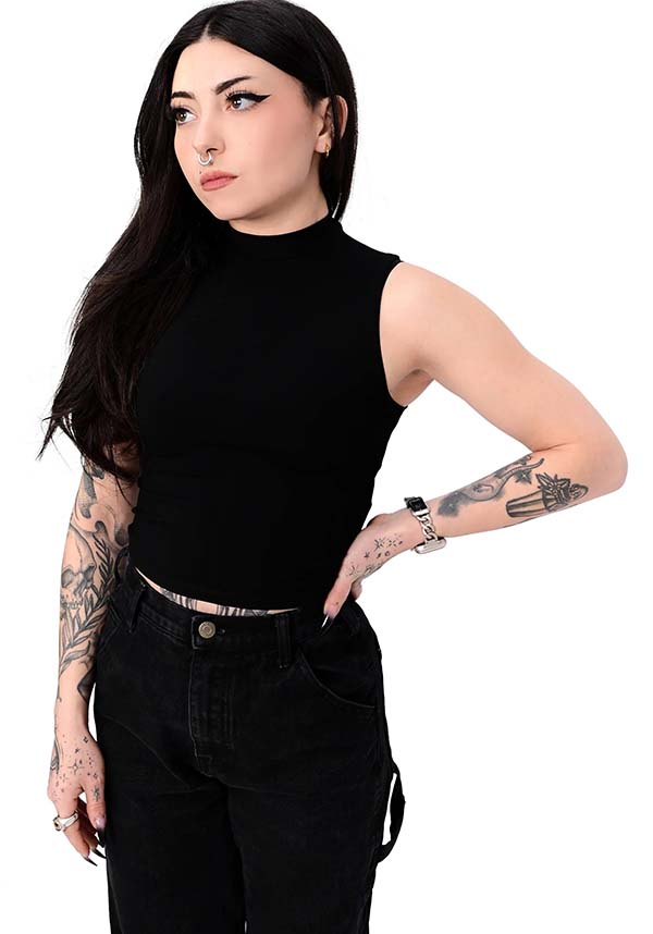 Black Mock Neck Sleeveless Stretchy Crop Top by Foxblood