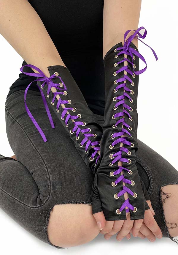 Stretchy Black & Purple Lace - Up Fingerless Gloves