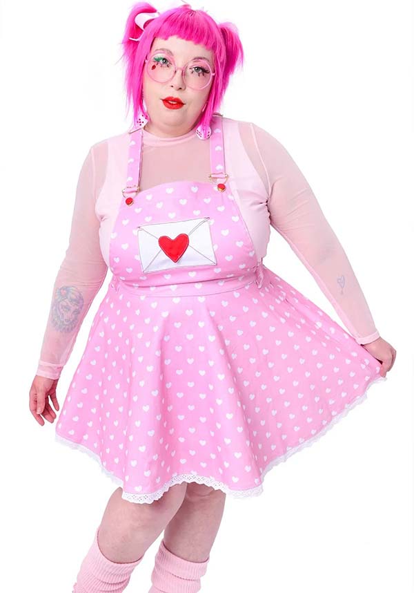 Romantic Heart Print Stretch Twill Pinafore Dress for Casual Outings