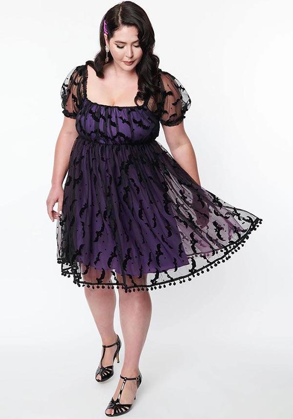 Unique Vintage Purple Bat Mesh Patterned Chiffon Babydoll Dress for Women