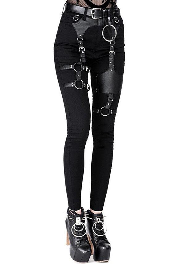 Black Gothic-Style Leather-Look Harness-Adorned High-Waisted Slim Fit Jeans