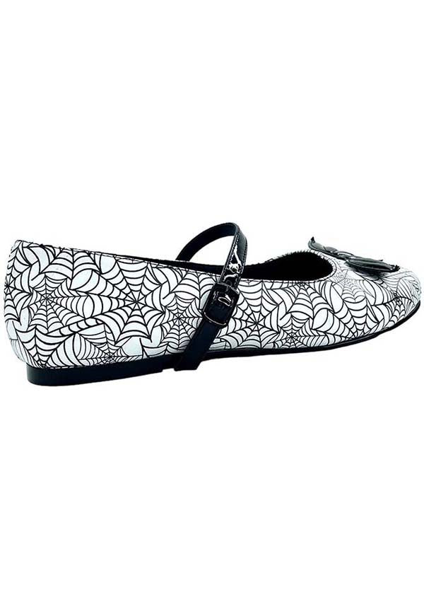 Strangecvlt White/Black Mary Jane Bat Spiderweb Flat Shoes for Alternative Fashion Lovers