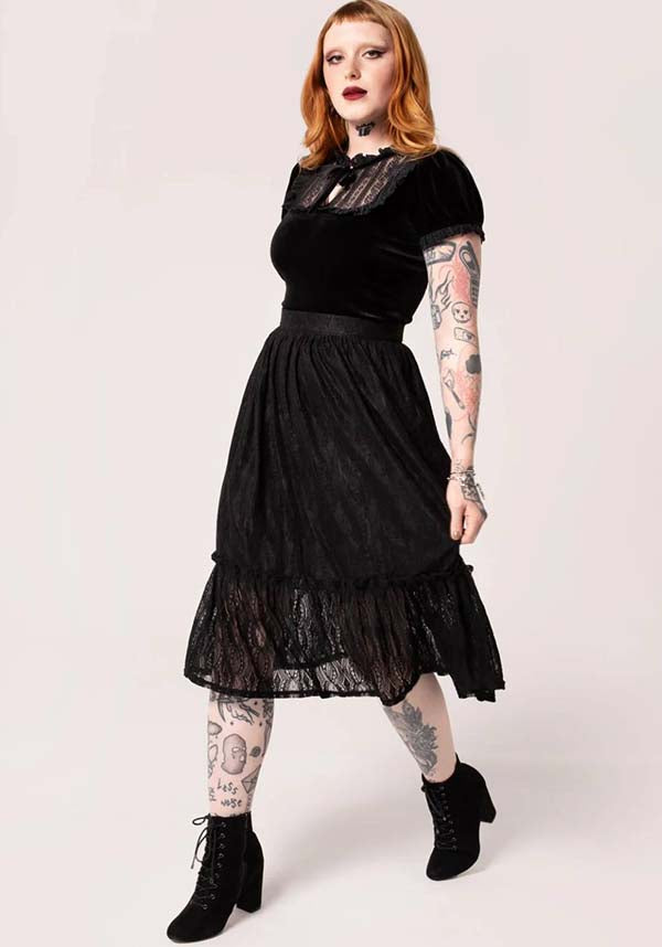 Hell Bunny Rhea Midi Lace Skirt with Black Stripes for Vintage and Gothic Styles
