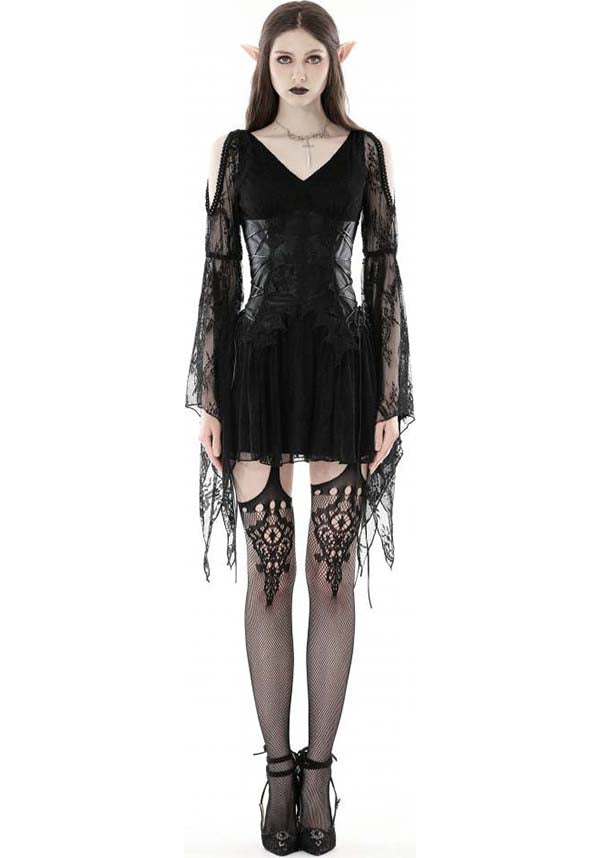 Exquisite Azrael Sheer Lace Dress with Bell Sleeves and Cold Shoulder Design