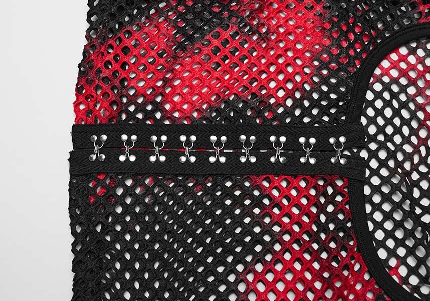 Punk Rave Badriyah Black/Red Tie-Dyed Fishnet Long Sleeve Crop Top
