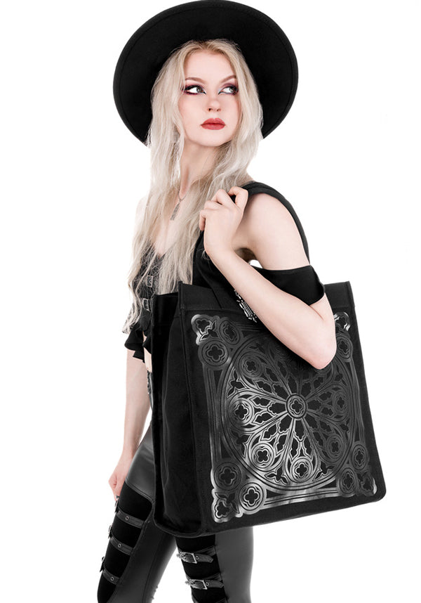 Gothic-Inspired Heavy Cotton Canvas Rosarium Tote Bag with Rose Window Print