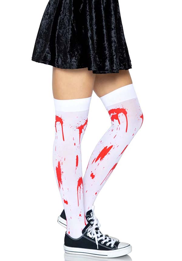 Leg Avenue Rhea Zombie Thigh-High Stockings in White and Red