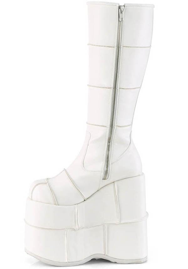 Demonia White Stack-301 Platform Knee-High Boots - Preorder