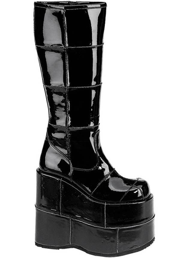 Black Stack-301 Platform Goth Cyber Gogo Knee High Boots - Preorder