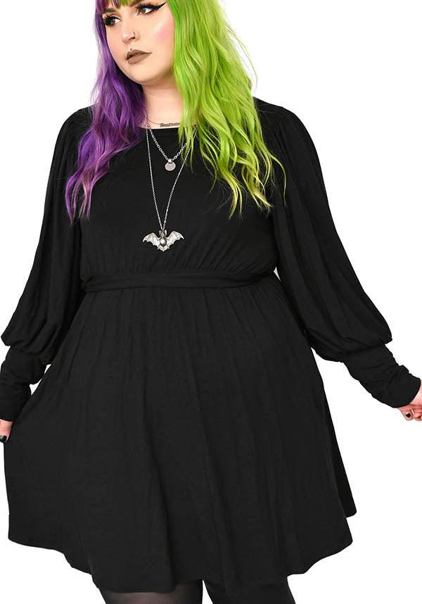 Marie Women's Super Soft Black Stretch Flowy Dress with Bishop Sleeves
