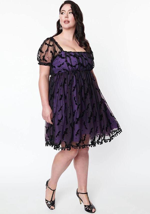 Unique Vintage Purple Bat Mesh Patterned Chiffon Babydoll Dress for Women