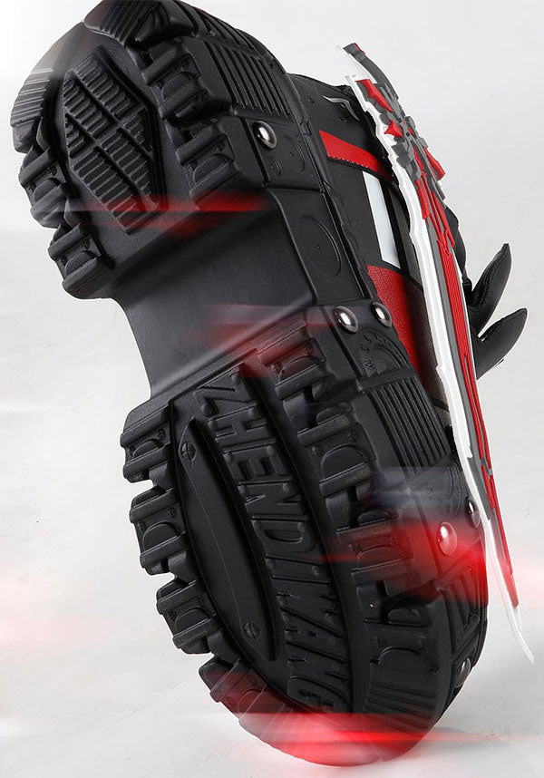 Genshin Impact Inspired Black Combat Platform Boots - Mangosteen-08 with Statement Sword Accessory