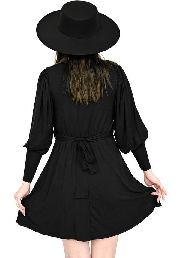 Marie Women's Super Soft Black Stretch Flowy Dress with Bishop Sleeves