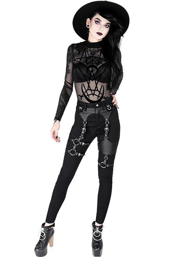 Black Gothic-Style Leather-Look Harness-Adorned High-Waisted Slim Fit Jeans