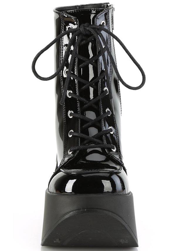 DYNAMITE-106 Black Patent Platform Wedge Lace-Up Ankle Boots [Pre-Order]