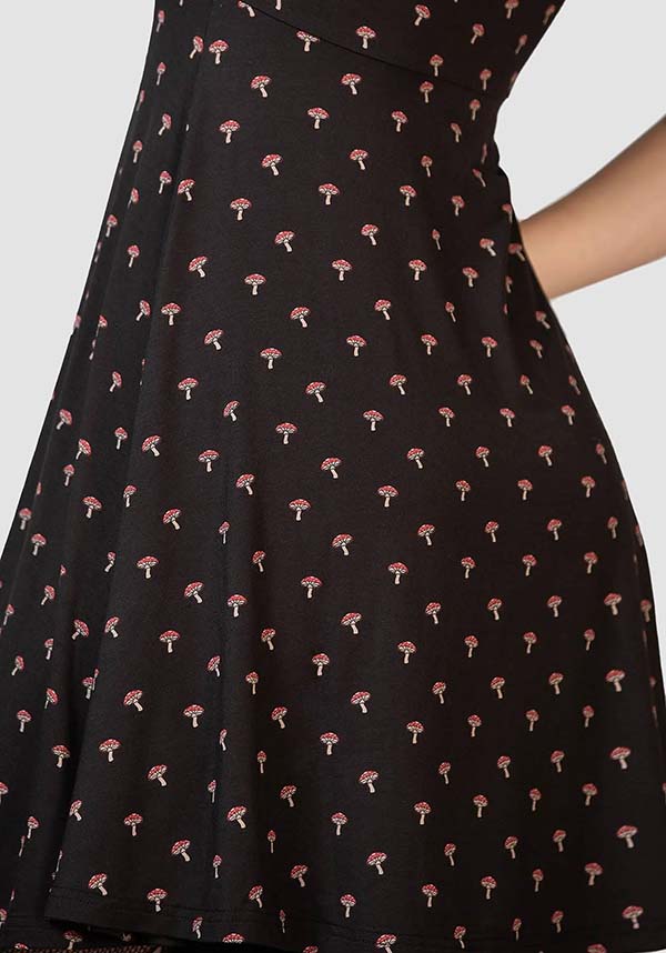 Poisonpie Mini Dress with Mushroom Print and Adjustable Neckline