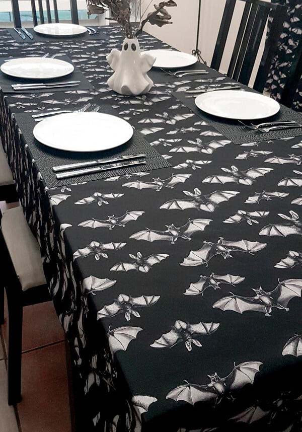 Midnight Flight Charcoal Black Polyester Table Cloth with Grey Realistic Bats
