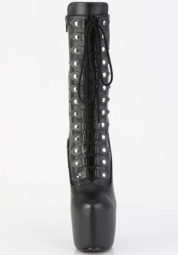 JUBILANT-1048 Black Platform Mid Calf Stretch Studded Wrapping Strap Boots - Preorder