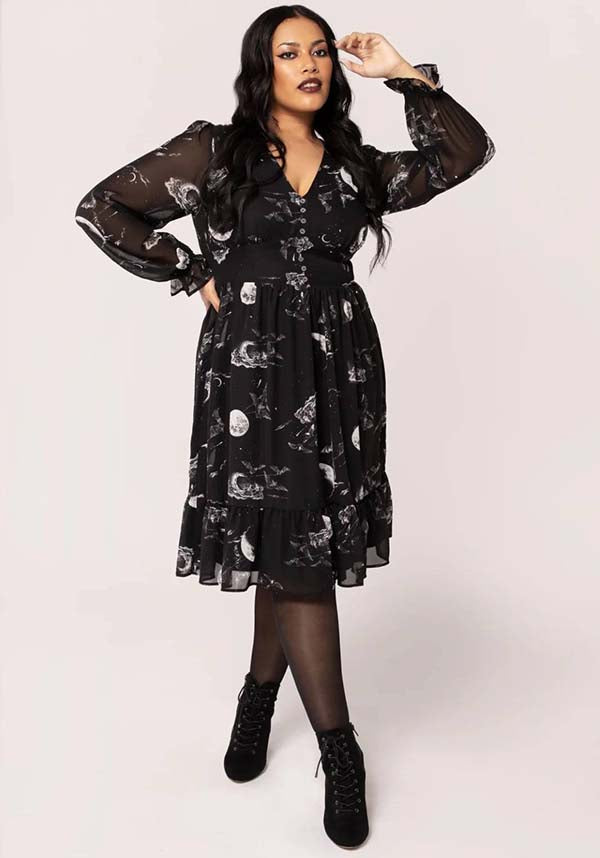 Hell Bunny's Celestial Mini Dress with Star Sign Graphics