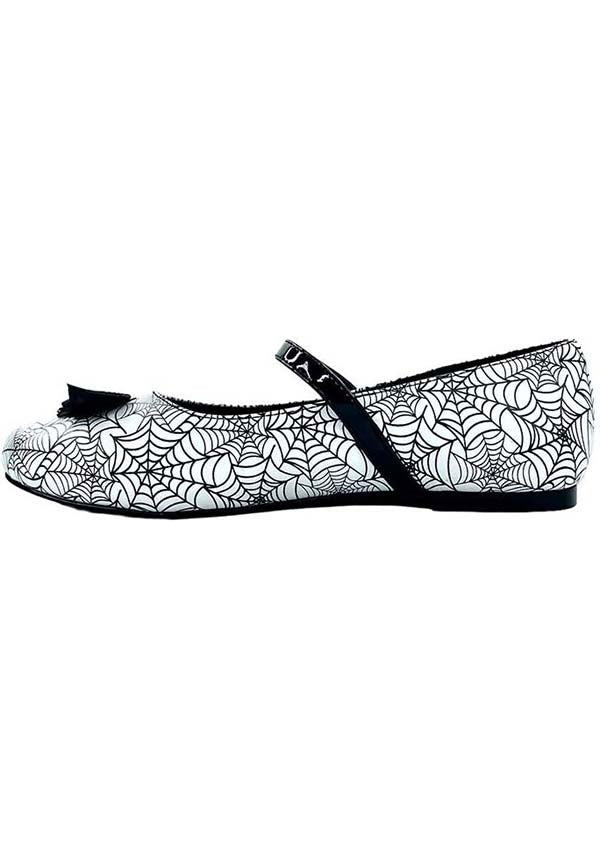 Strangecvlt White/Black Mary Jane Bat Spiderweb Flat Shoes for Alternative Fashion Lovers