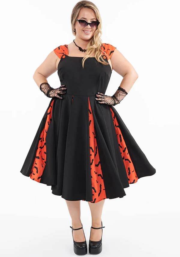 Orange and Black Bat Stripe Lightweight Swing Dress for a Spooky Look