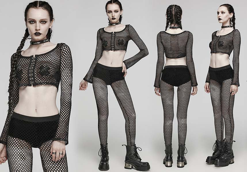Punk Rave Badriyah Black Fishnet Long - Sleeve Crop Top