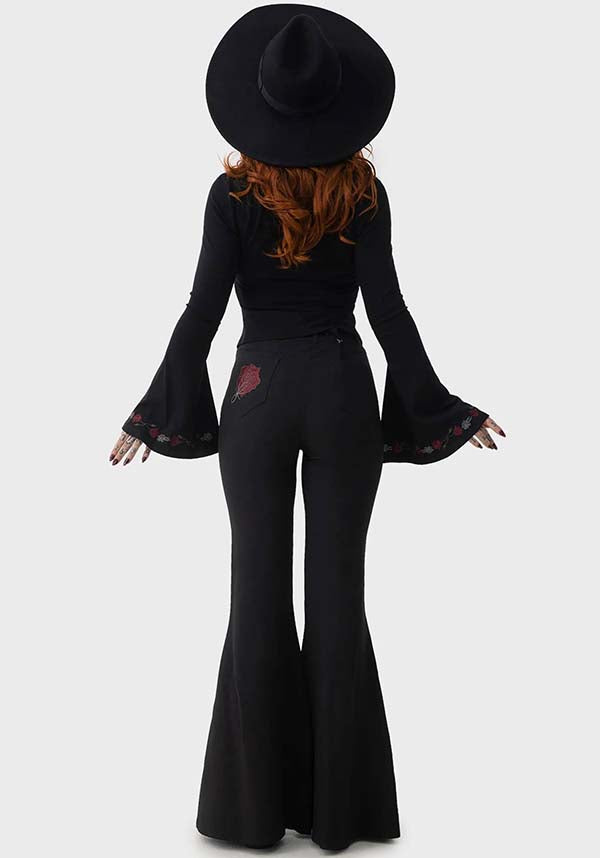 Stunning Blood Rose Embroidered Bell Flares with Pockets