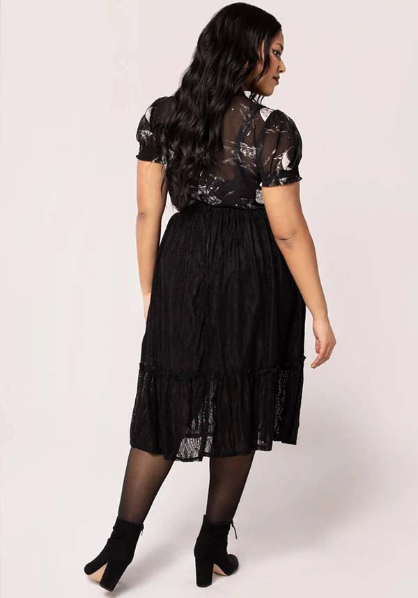 Hell Bunny Rhea Midi Lace Skirt with Black Stripes for Vintage and Gothic Styles
