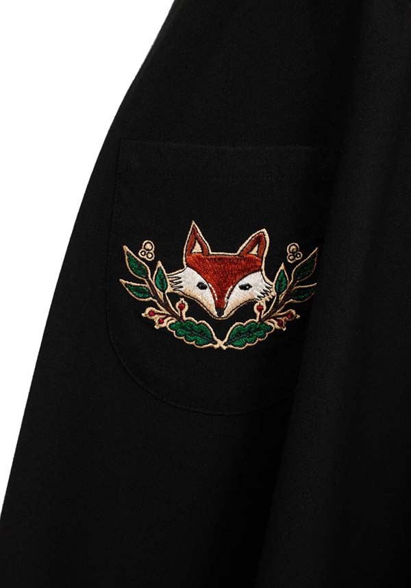 Hell Bunny Basil Black Mini Pinafore Dress with Whimsical Woodland and Fox Embroidery