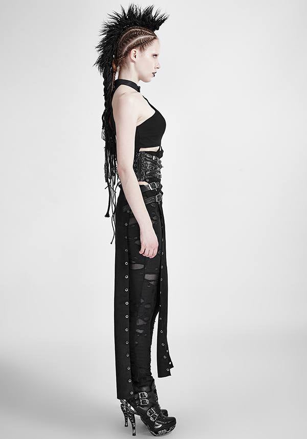 Punk Style High Waist Split Skirt with Leather Loop and Metal Buckle