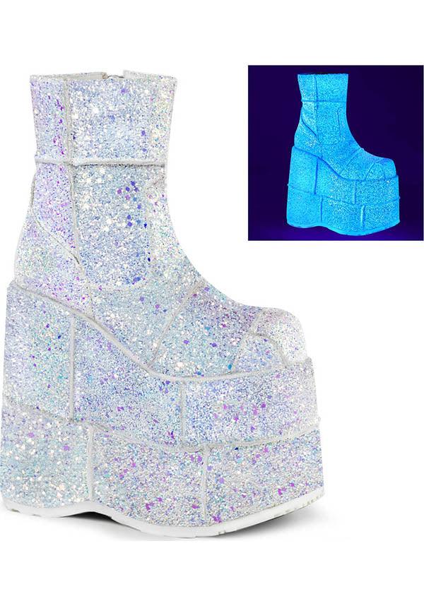 PREORDER - Demonia STACK - 201G Platform Ankle Boots in White with Multi - Glitter Design