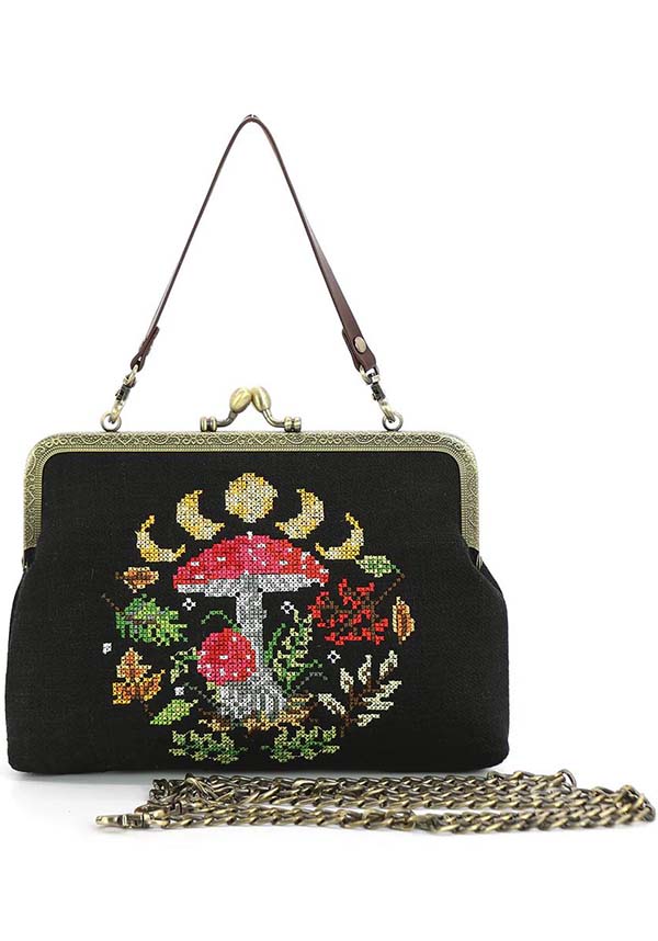 Enchanting Moon Phases Mushroom Design Kisslock Handbag by Sleepyville Critters