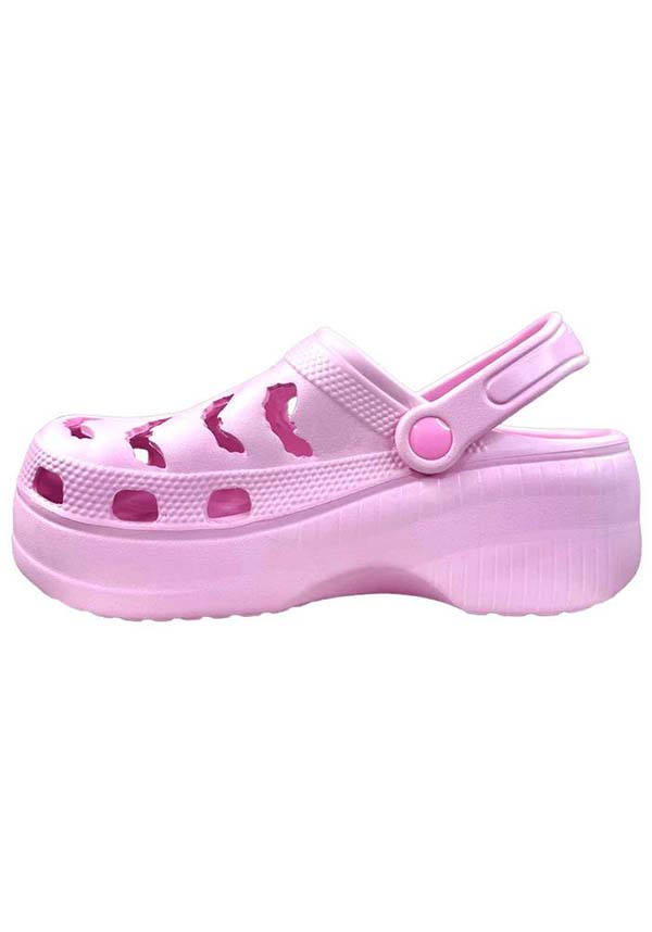 YRU RIPS Baby Pink Bat-Style Rubber Clogs for a Spooky Look