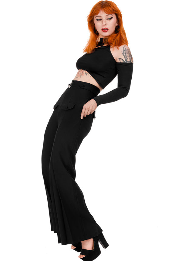 Restyle's Gothic Loretta Crescent Sky High Flared Pants for Corporate Goth Babes